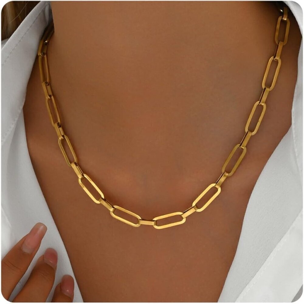 🆕 Women Gold Chunky Chain Necklace Thick Cuban Curb Gemstone Pendant Jewelry